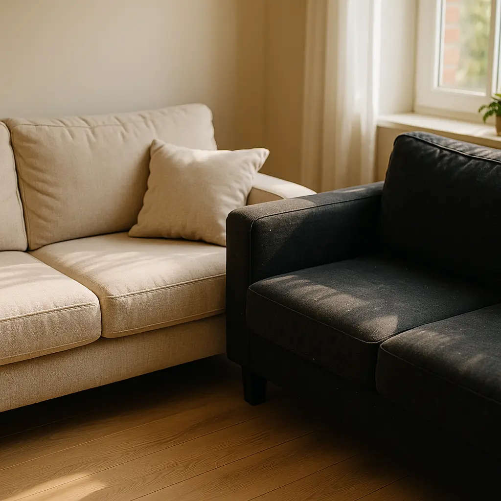Sofá claro ou escuro qual suja menos: dicas com sofá bege e sofá preto lado a lado em sala iluminada