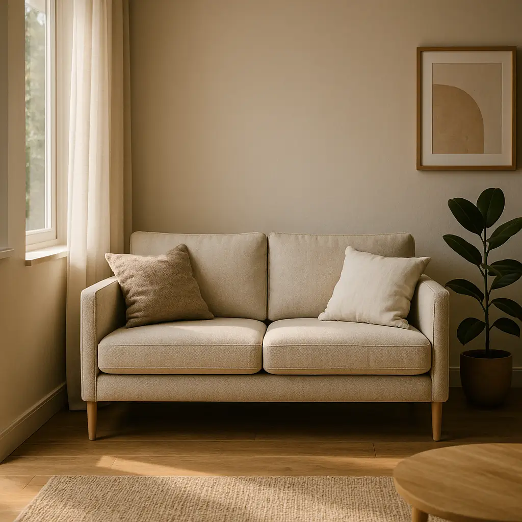 Sofá para sala pequena: medidas e braços ideais, sofá bege 2 lugares com braços finos, pés de madeira, almofadas e planta