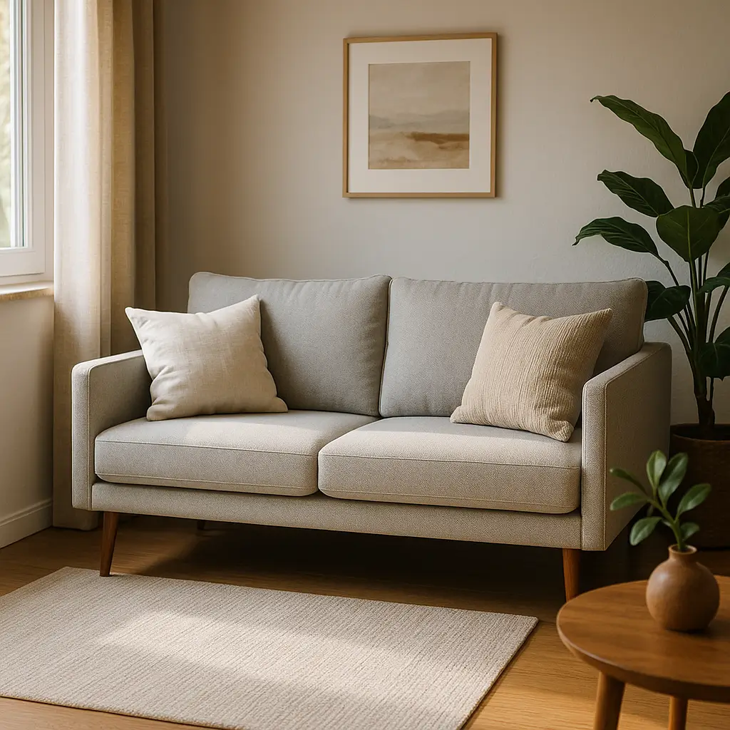 Sofá para sala pequena: medidas e braços ideais, sofá cinza 2 lugares, braços finos, almofadas e planta