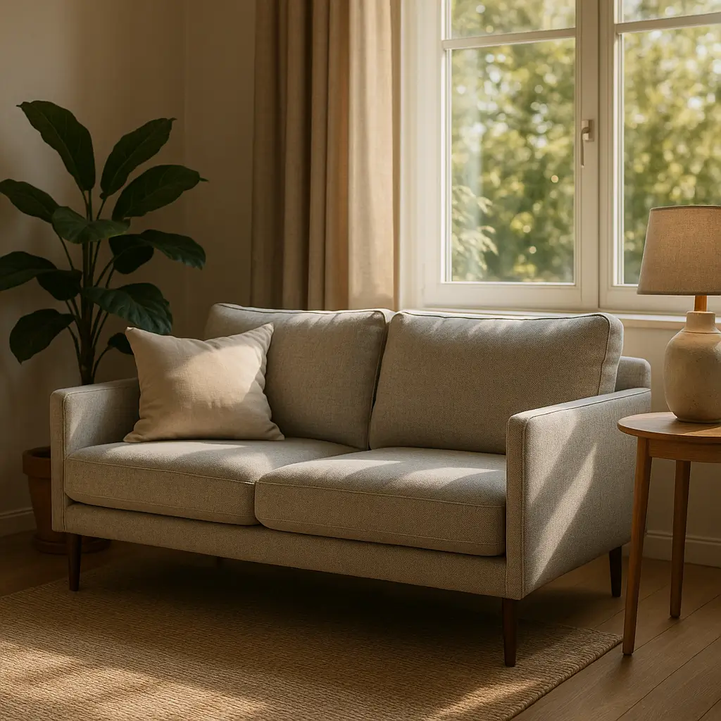 Sofá para sala pequena: medidas e braços ideais, sofá cinza 2 lugares, braços finos, pés de madeira, mesa lateral e planta