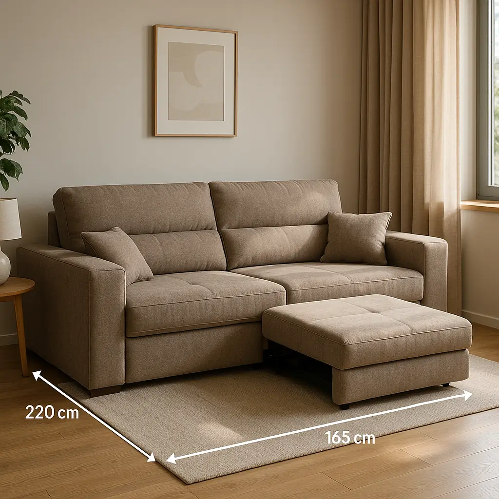 Sofá retrátil medidas: tamanhos por sala, sofá bege com medidas 220 cm e 165 cm