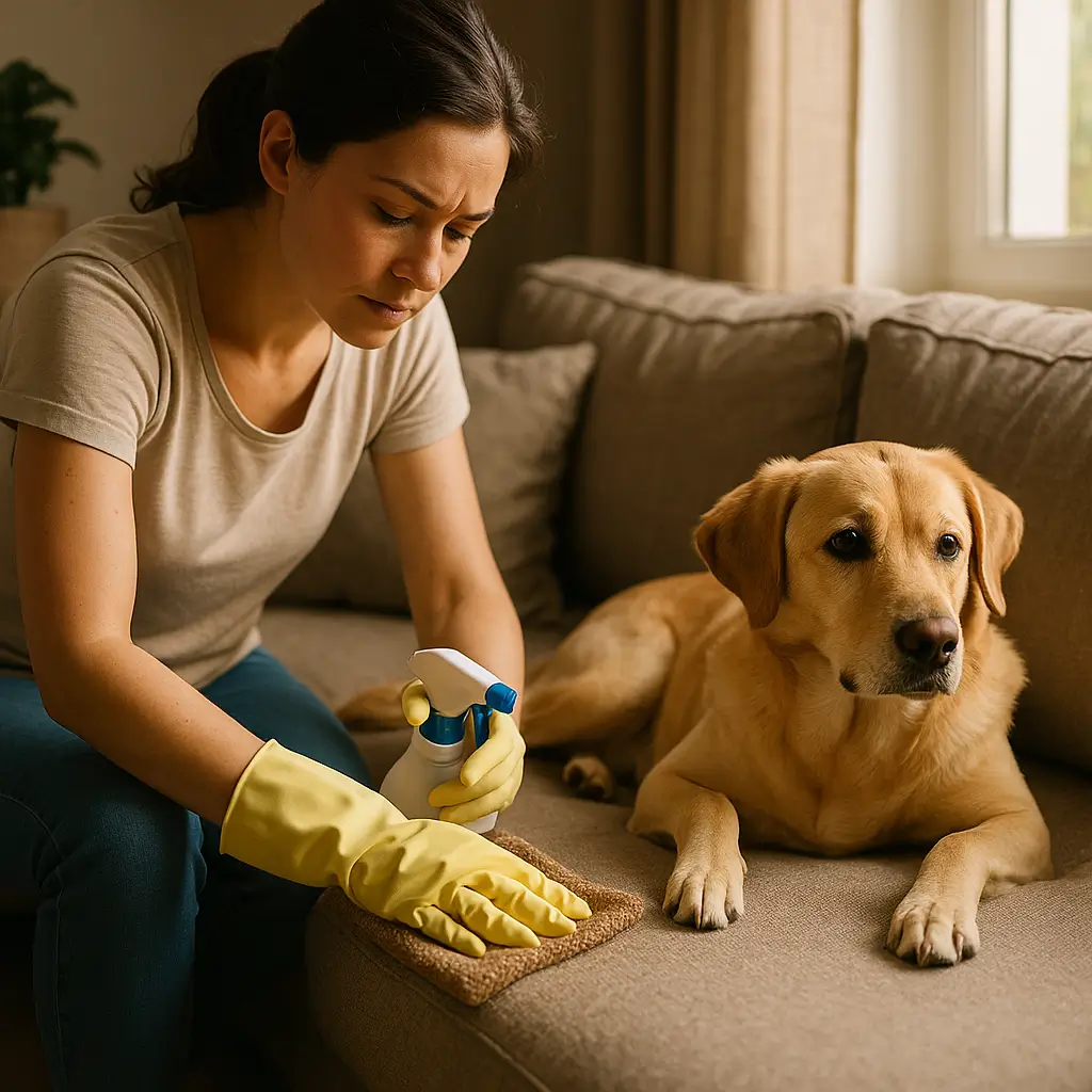 Tirar cheiro de cachorro do sofá: 7 truques rápidos; mulher com luvas amarelas limpando sofá bege com spray ao lado de cachorro