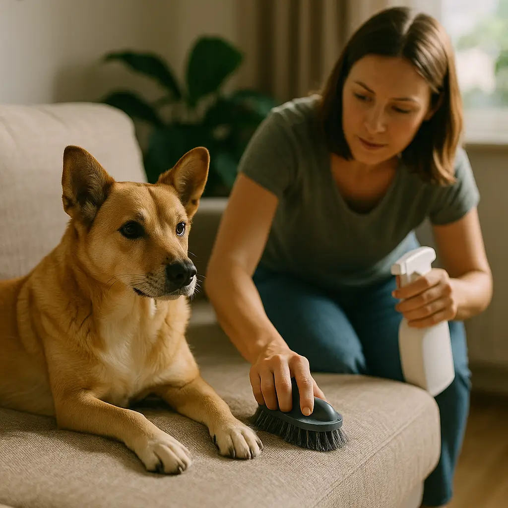 Tirar cheiro de cachorro do sofá: 7 truques rápidos; mulher escovando sofá bege com borrifador ao lado de cachorro