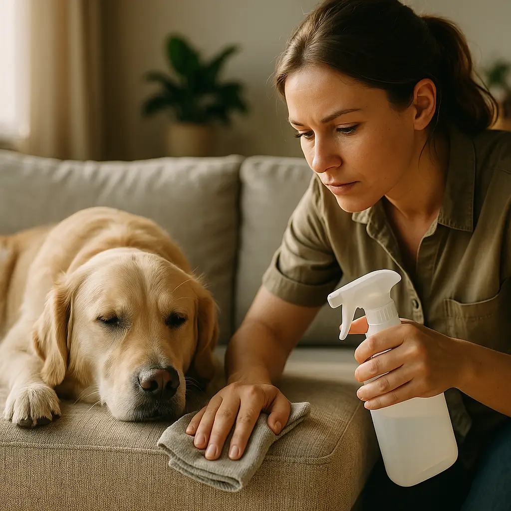 Tirar cheiro de cachorro do sofá: 7 truques rápidos; mulher limpando sofá bege com pano e borrifador ao lado de cão dormindo