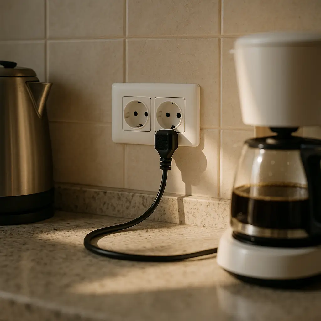 Tomadas na cozinha: quantas e altura ideal (NBR 5410), tomada dupla com plugue, cafeteira e chaleira na bancada