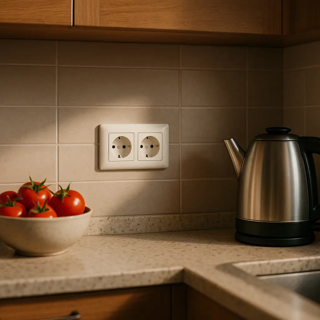 Tomadas na cozinha: quantas e altura ideal (NBR 5410), tomada dupla na parede, chaleira elétrica e tomates na bancada