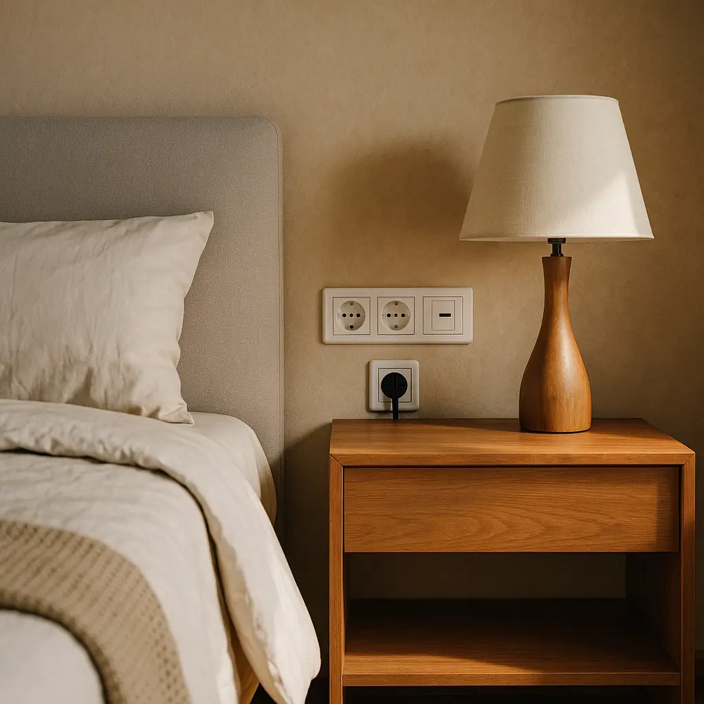 Tomadas no quarto: quantas e onde colocar, módulo com duas tomadas na parede e tomada baixa com plug, abajur na mesa ao lado da cama