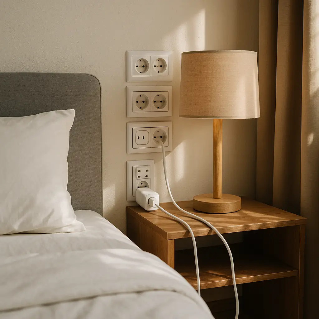 Tomadas no quarto: quantas e onde colocar, quatro placas de tomadas ao lado da cama, abajur com cabos conectados