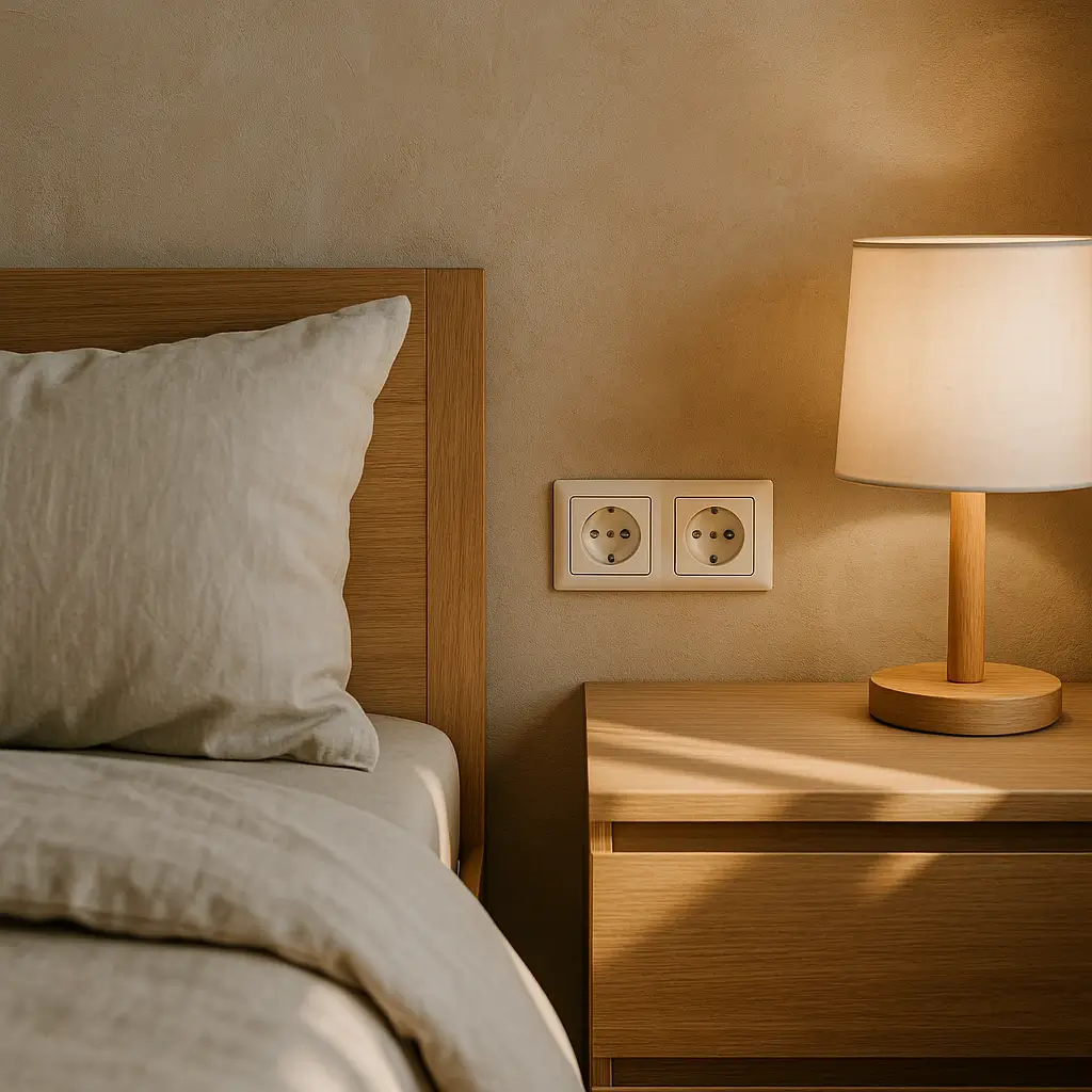 Tomadas no quarto: quantas e onde colocar, tomada dupla ao lado da cama, abajur na mesa de cabeceira