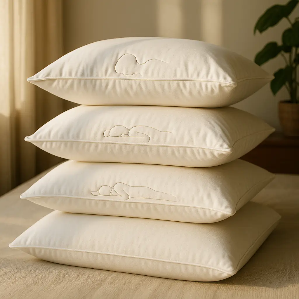 Travesseiro ideal por posição de dormir: quatro travesseiros empilhados com ícones de dormir