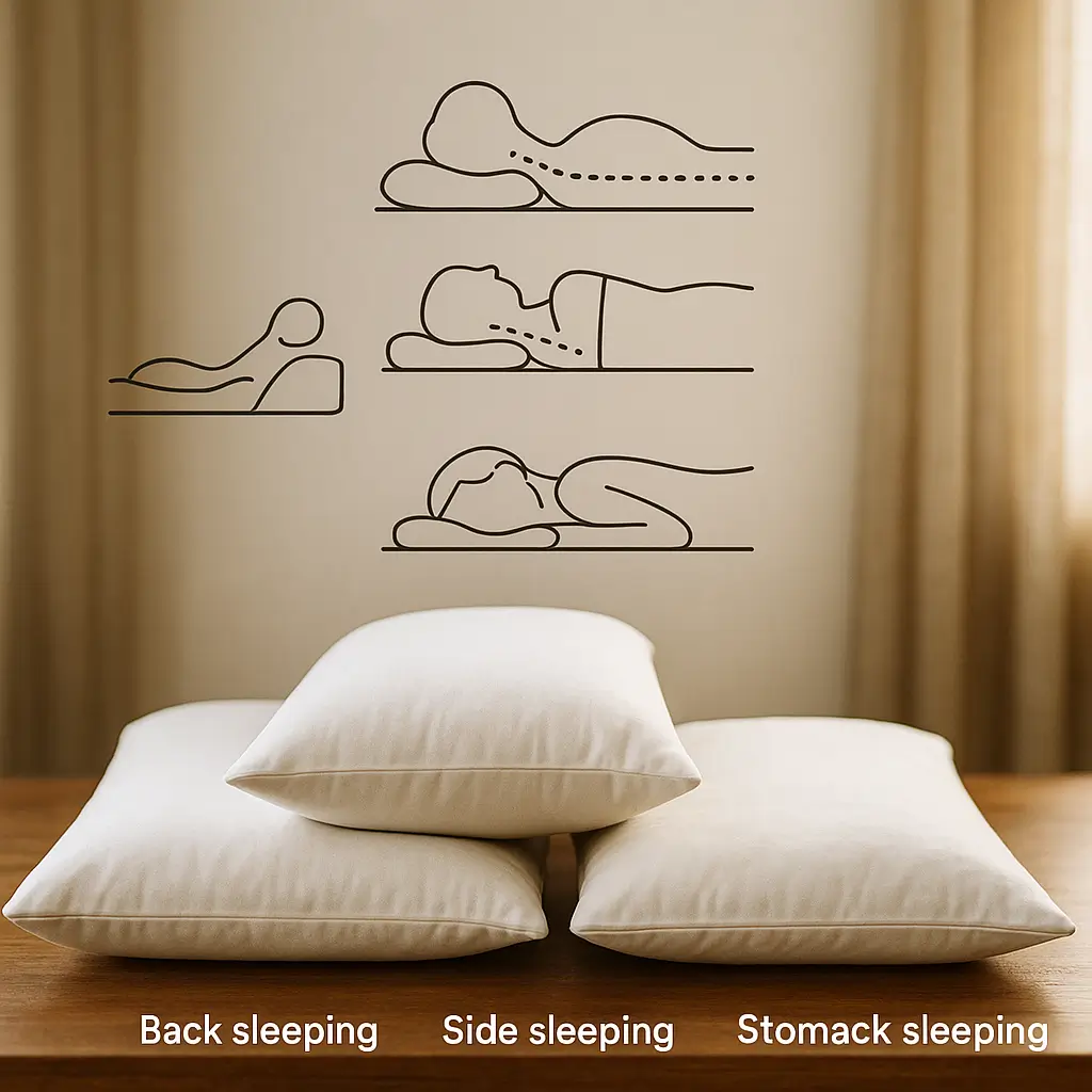 Travesseiro ideal por posição de dormir: três travesseiros sobre mesa com ícones de posições e coluna alinhada
