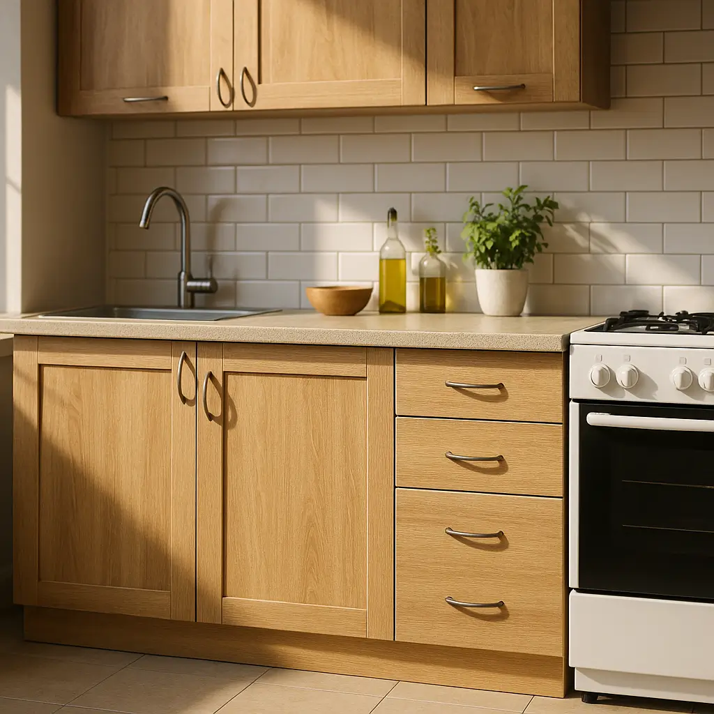 Armário de cozinha barato que não incha: guia 2025, armários de madeira clara com pia e fogão ao lado