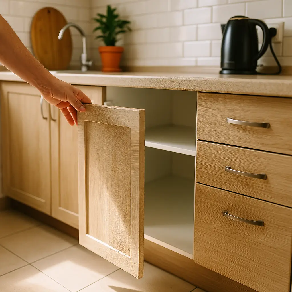 Armário de cozinha barato que não incha: guia 2025, porta de armário clara aberta mostrando interior seco