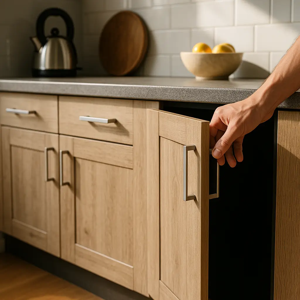 Armário de cozinha barato que não incha: guia 2025, porta de armário de madeira clara sendo aberta em bancada com chaleira e fruteira