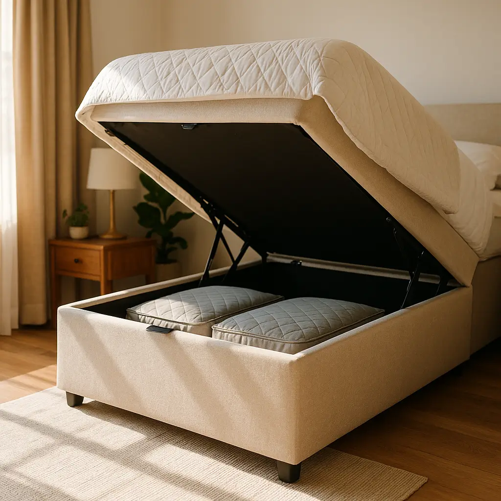 Cama box baú vale a pena: veja se compensa com cama box baú bege aberta guardando almofadas no quarto