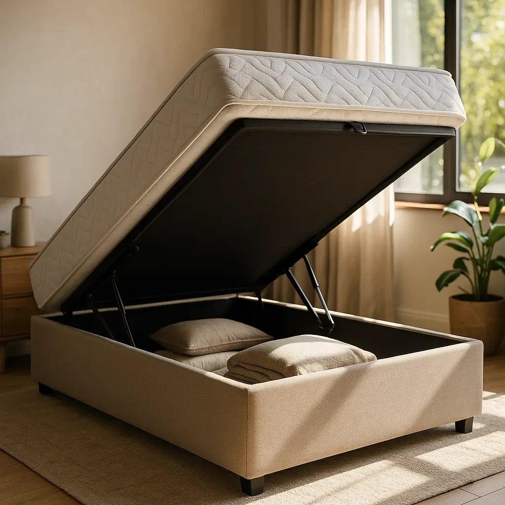 Cama box baú vale a pena: veja se compensa com cama box baú bege aberta guardando travesseiro e manta