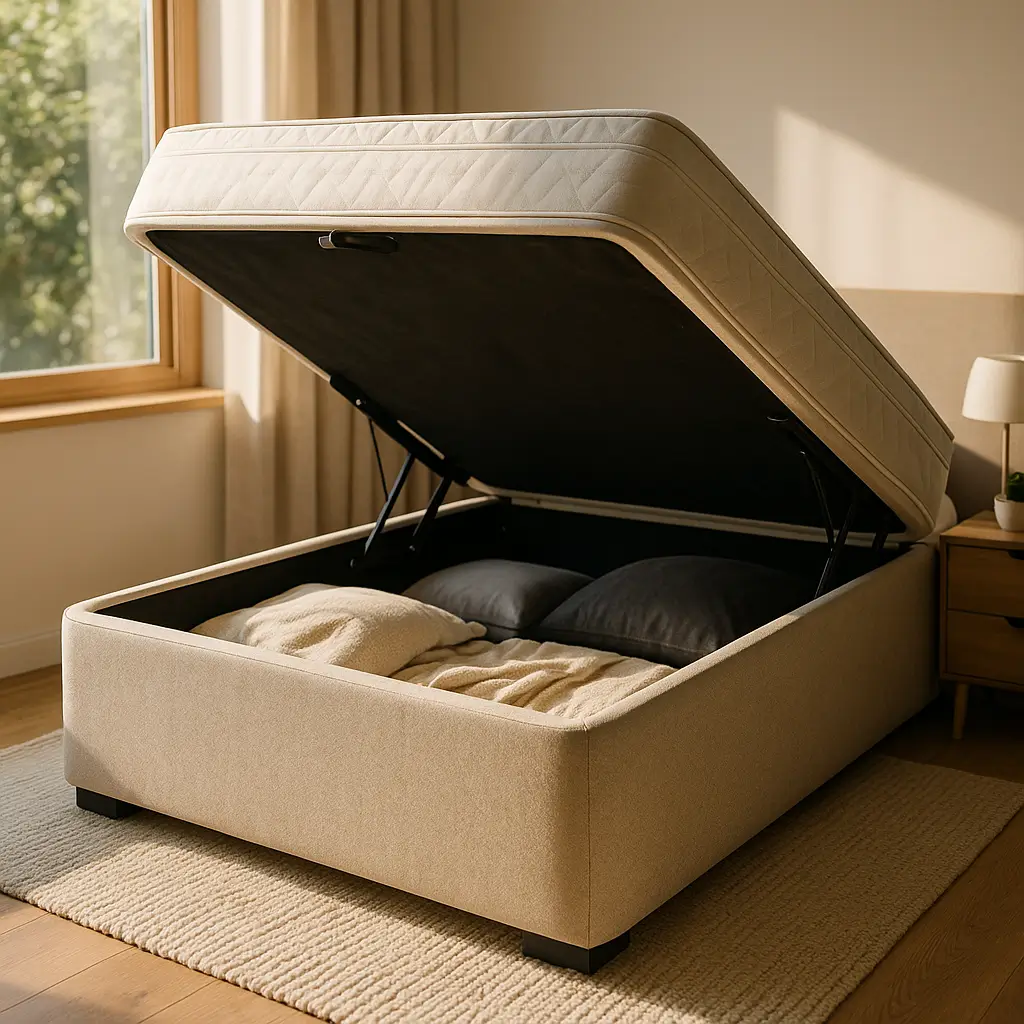 Cama box baú vale a pena: veja se compensa com cama box baú bege aberta guardando travesseiros e cobertor