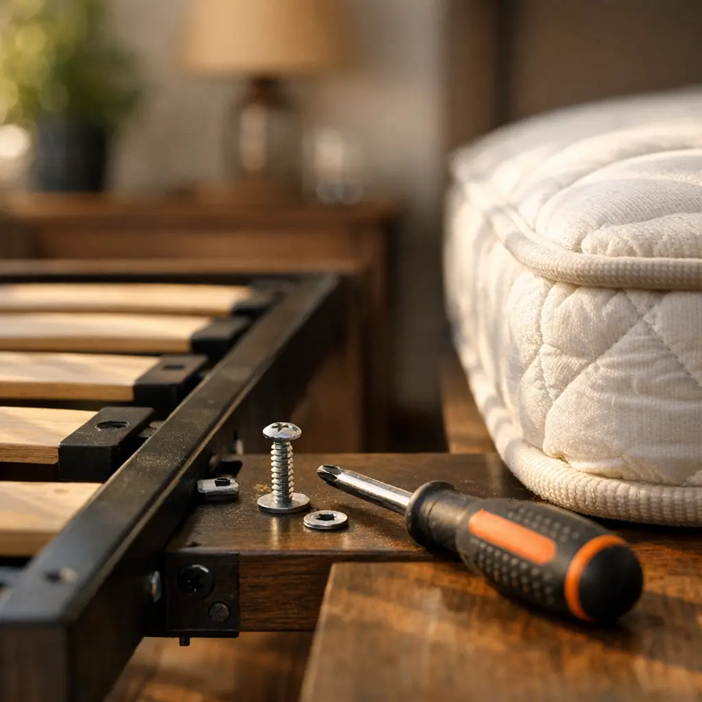 Cama fazendo barulho quando mexe: soluções apertando parafusos do estrado com chave de fenda