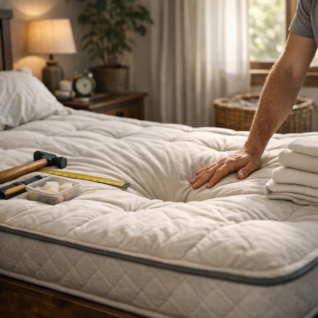 Colchão afundando no meio: o que fazer com mão testando afundamento, ferramentas e toalhas sobre a cama