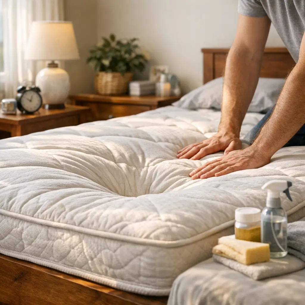 Colchão afundando no meio: o que fazer com mãos pressionando afundamento e produtos de limpeza sobre a cama