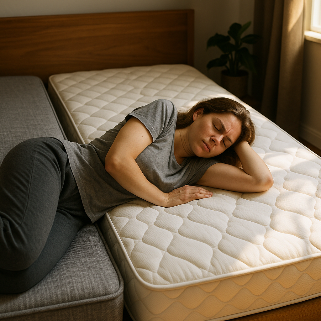 Colchão duro ou macio: o que é melhor para dormir com mulher deitada desconfortável em colchão branco