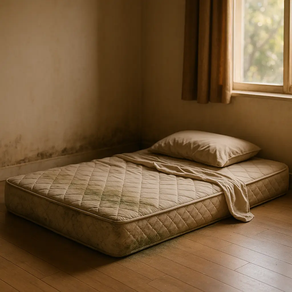 Colchão no chão faz mal: riscos de mofo e coluna com colchão direto no piso perto de parede mofada