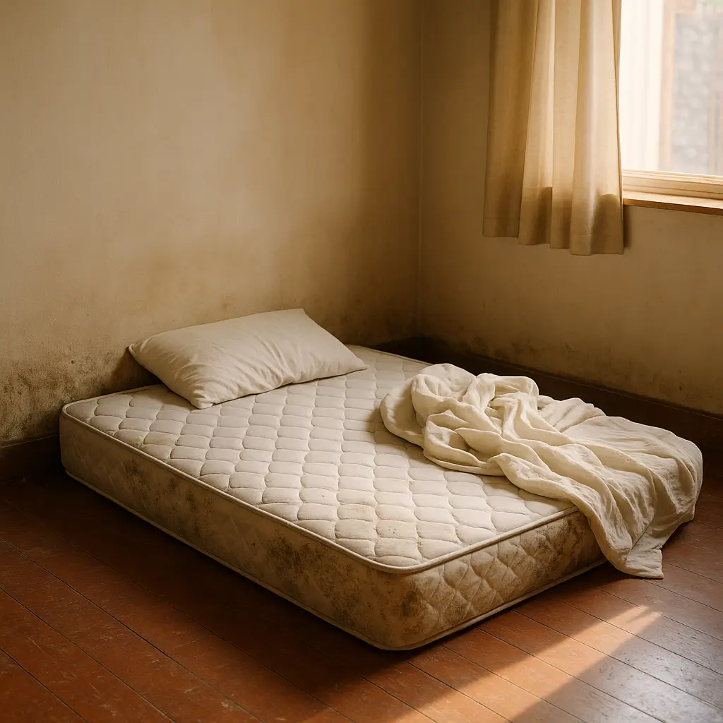 Colchão no chão faz mal: riscos de mofo e coluna com colchão encostado em parede mofada em quarto simples