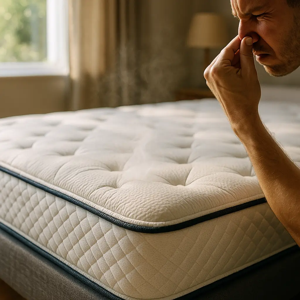 Colchão novo com cheiro forte: o que fazer, homem tapando o nariz perto de colchão branco