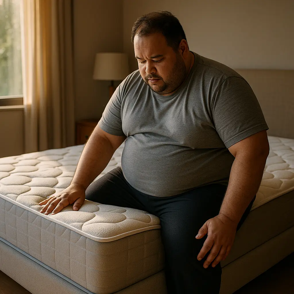 Colchão para obeso: como escolher o modelo ideal, homem obeso sentado na beirada do colchão testando a firmeza