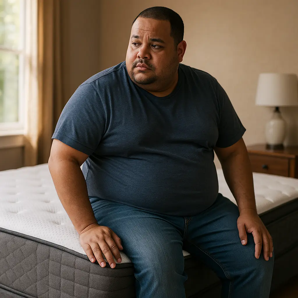 Colchão para obeso: como escolher o modelo ideal, homem obeso sentado na borda do colchão olhando para o lado