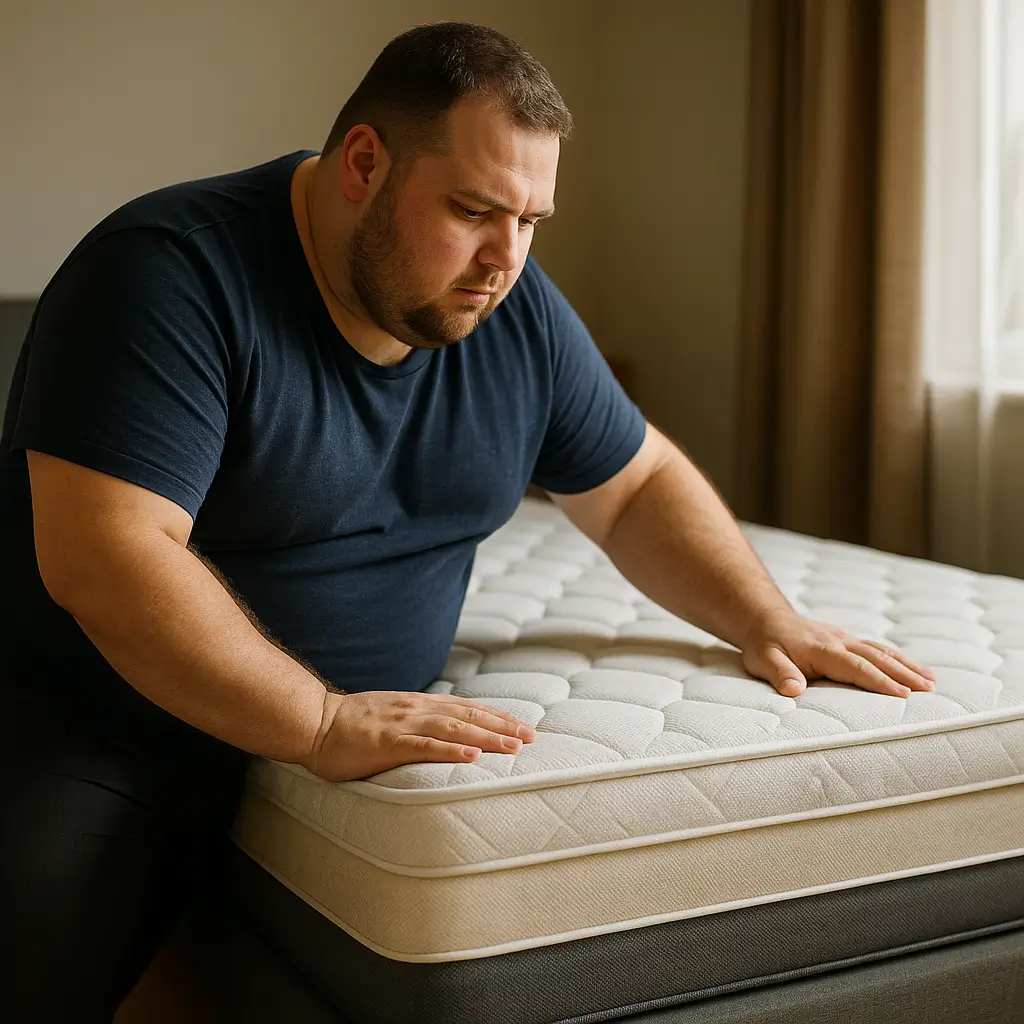 Colchão para obeso: como escolher o modelo ideal, homem pressionando a superfície do colchão