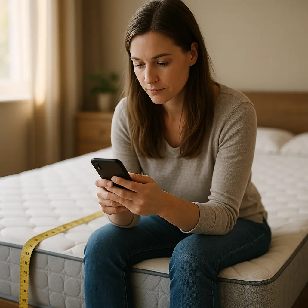Como comprar colchão online: guia rápido para acertar mulher sentada no colchão com fita métrica usando celular