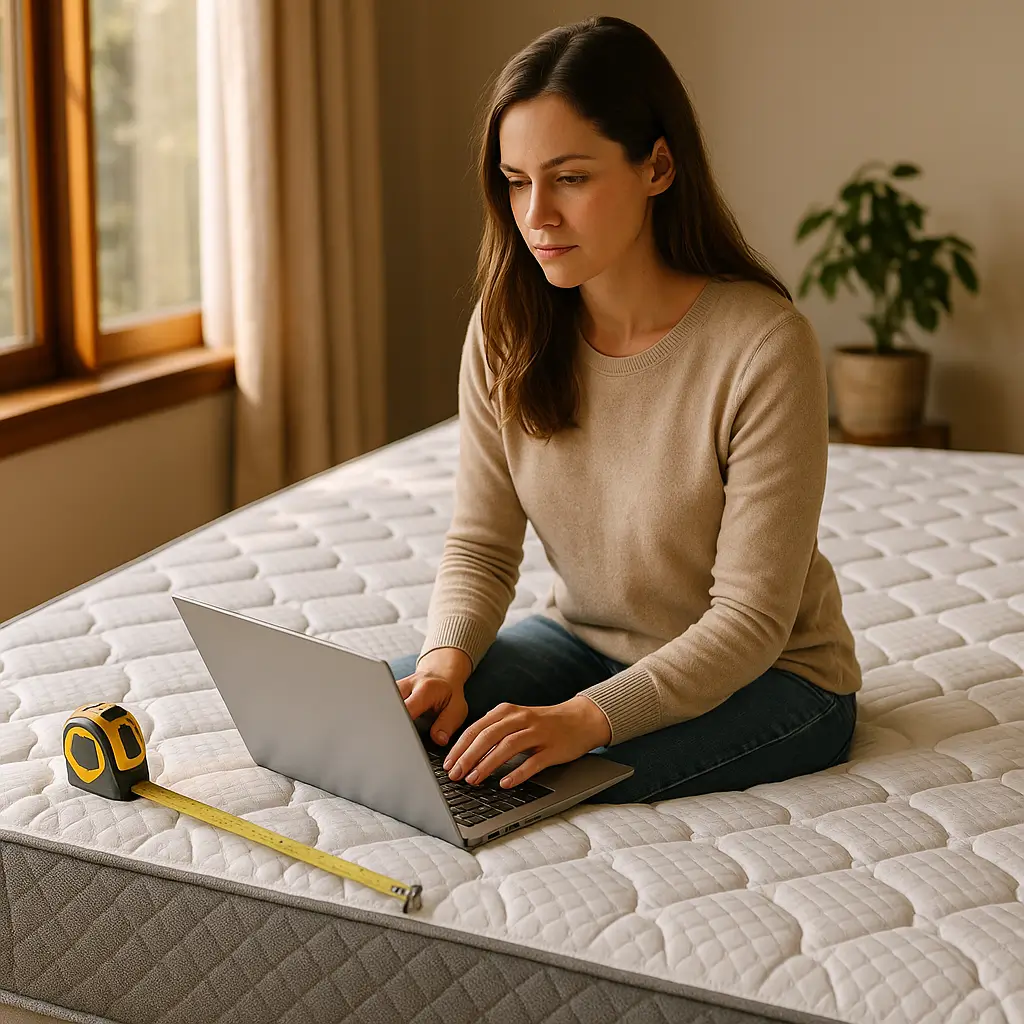 Como comprar colchão online: guia rápido para acertar mulher usando notebook sobre colchão com trena