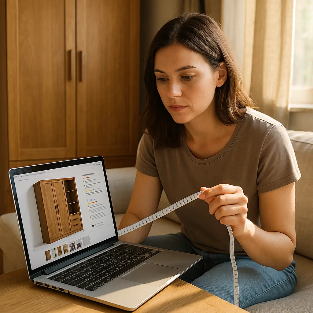 Como comprar guarda-roupa online sem errar na medida, mulher avaliando guarda-roupa no notebook com fita métrica