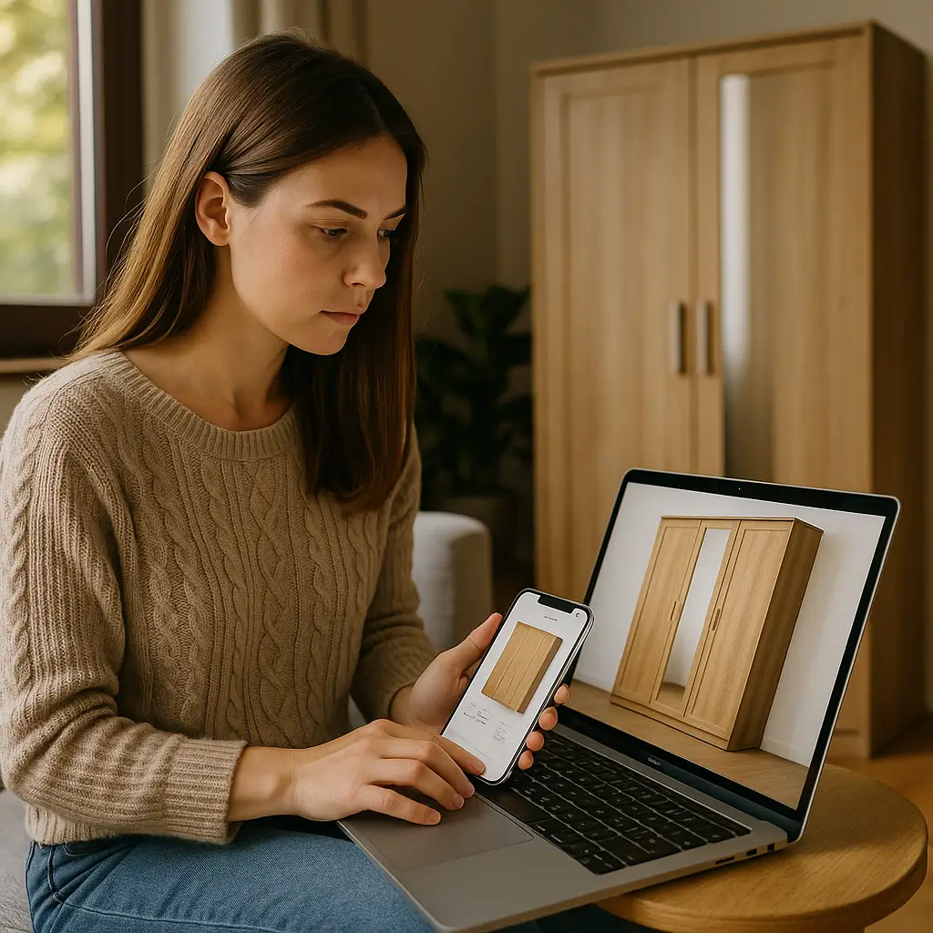 Como comprar guarda-roupa online sem errar na medida, mulher comparando guarda-roupa no celular e notebook