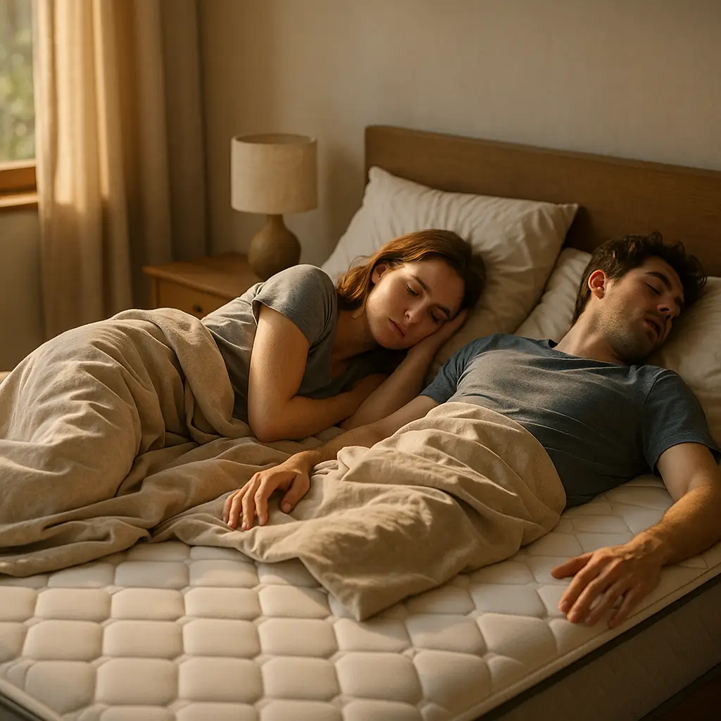 Como escolher colchão para casal que se mexe muito dormindo confortavelmente em colchão firme com roupa de cama bege