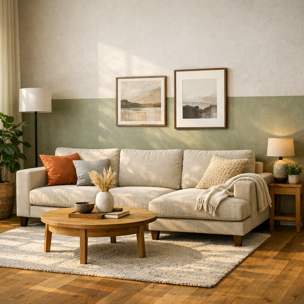 Como escolher cor do sofá para combinar com piso e parede em sala com sofá bege, parede verde e tapete claro