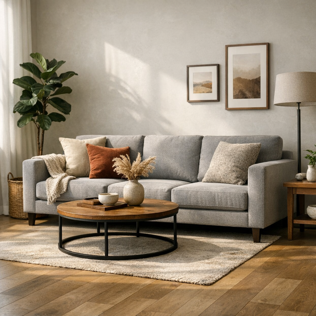 Como escolher cor do sofá para combinar com piso e parede em sala com sofá cinza, piso de madeira e parede clara