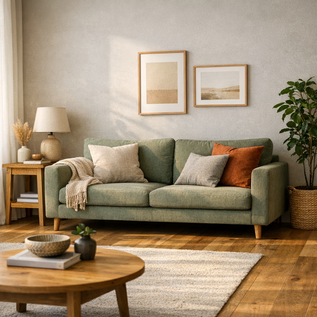 Como escolher cor do sofá para combinar com piso e parede em sala com sofá verde, piso de madeira e parede clara