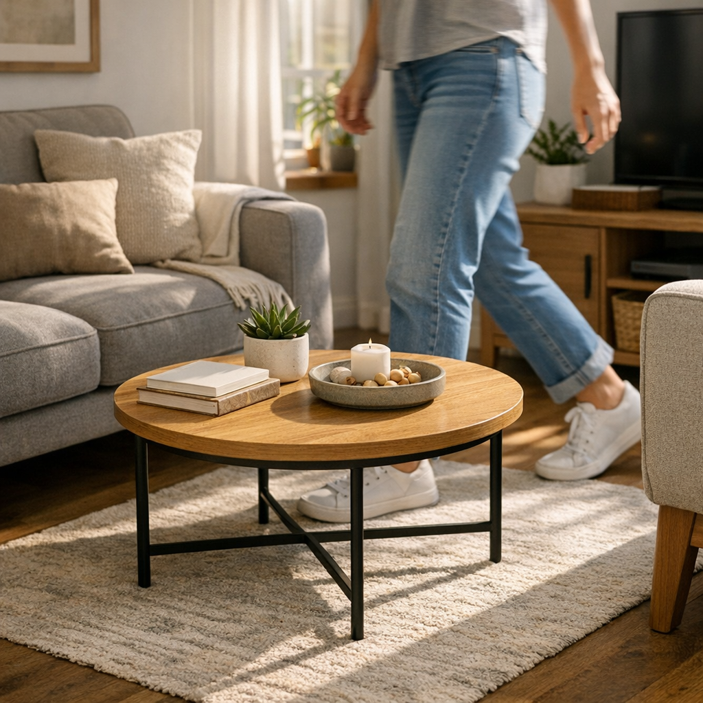 Como escolher mesa de centro para sala pequena com mesa redonda baixa entre sofás e tapete claro