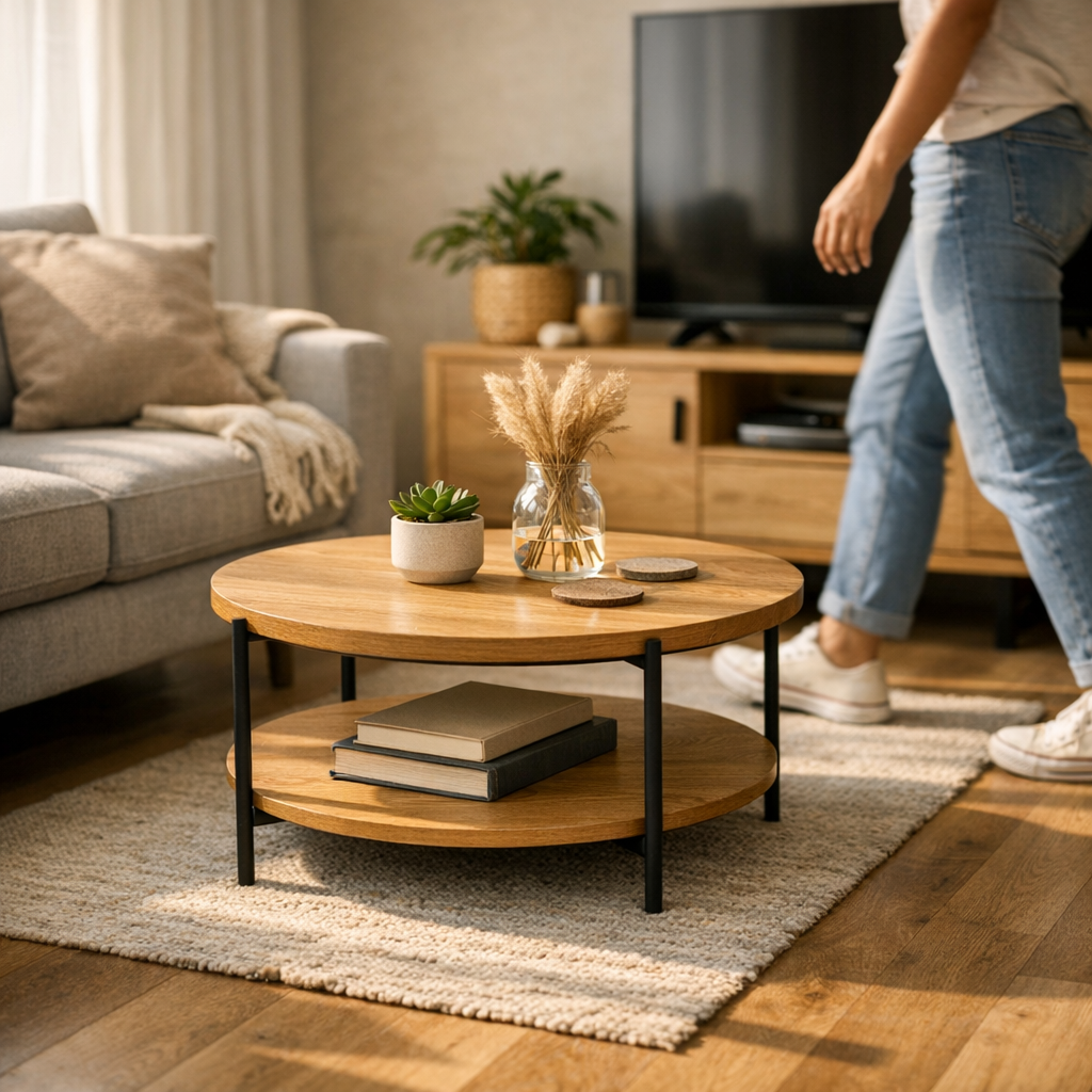 Como escolher mesa de centro para sala pequena com mesa redonda de madeira clara em sala compacta