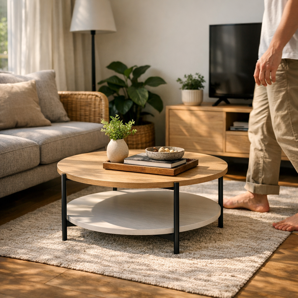 Como escolher mesa de centro para sala pequena com mesa redonda de madeira em sala pequena aconchegante