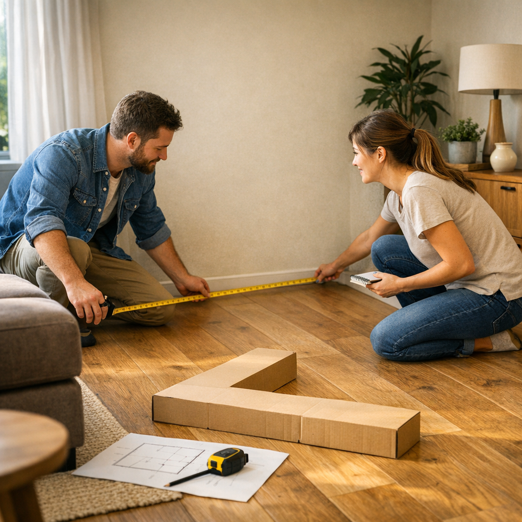 Como medir a sala para comprar sofá em L sem erro, casal medindo parede com trena e molde em L no chão