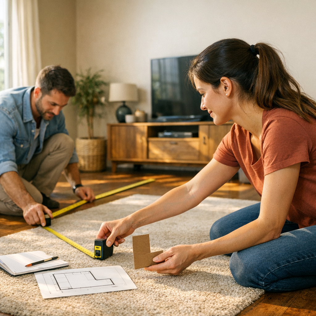 Como medir a sala para comprar sofá em L sem erro, casal usando trena no tapete com planta da sala