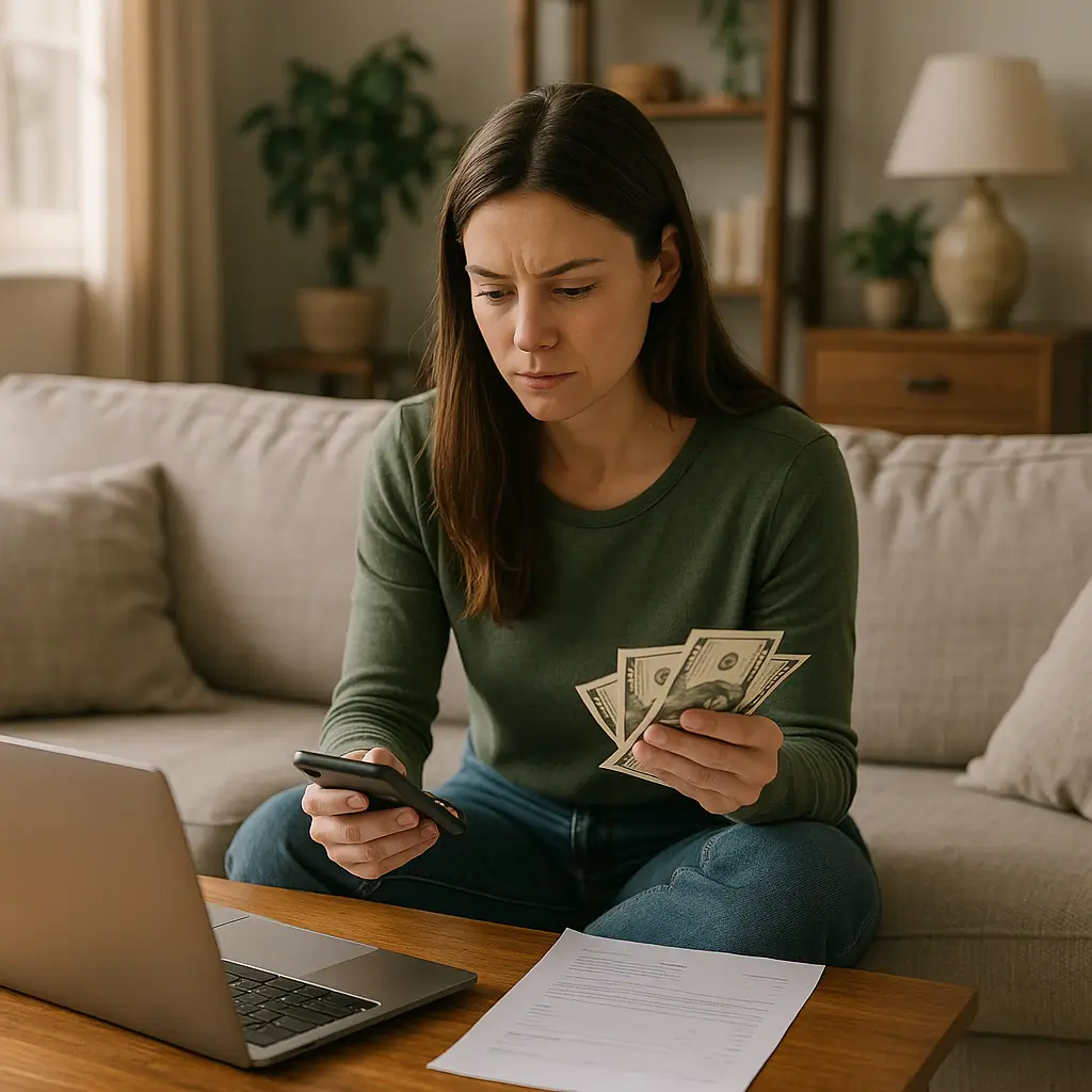 Como mobiliar a casa comprando um móvel por mês guia rápido, mulher calculando orçamento de móveis no notebook com dinheiro na mão