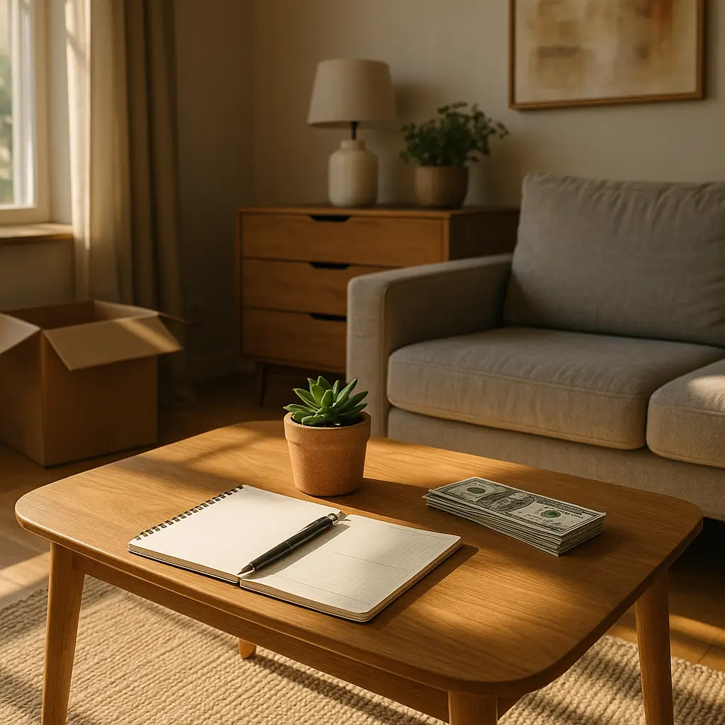 Como mobiliar a casa comprando um móvel por mês guia rápido, sala com sofá, mesa de centro de madeira, caderno e dinheiro para planejar compra de móveis