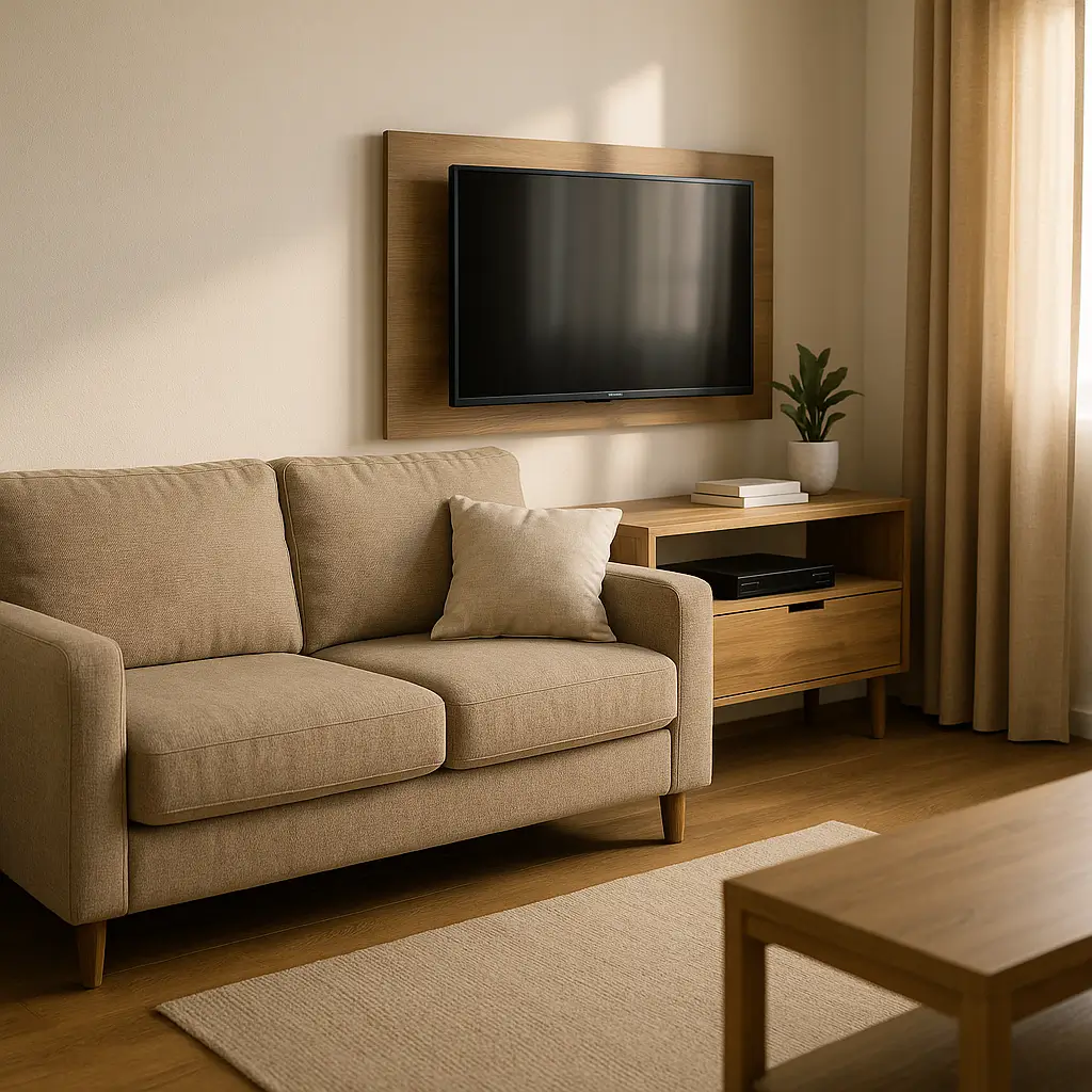 Como montar sala simples e barata: guia rápido com sofá bege, painel com TV, rack e mesa de centro de madeira