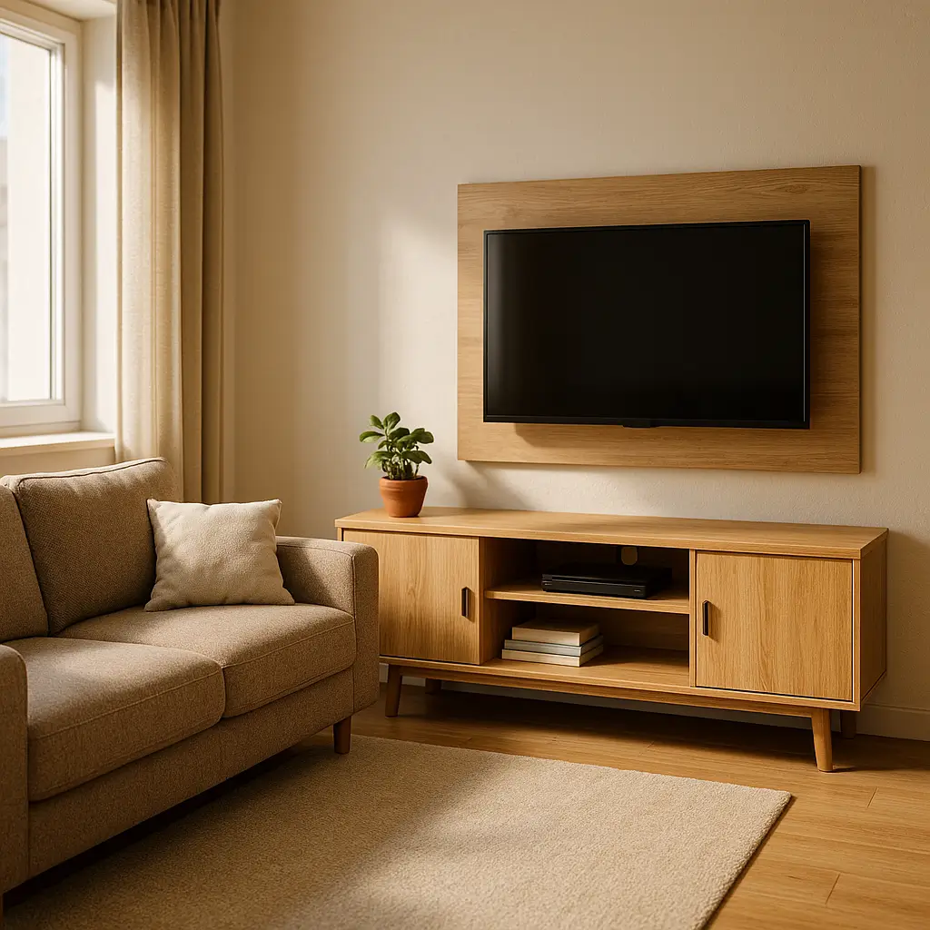 Como montar sala simples e barata: guia rápido com sofá bege, rack de madeira com TV e planta ao lado da janela