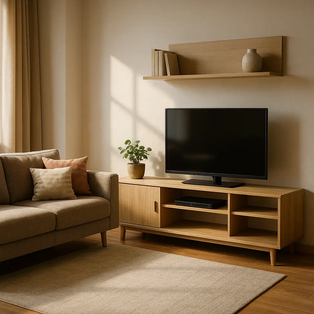 Como montar sala simples e barata: guia rápido com sofá marrom, rack de madeira, TV e prateleira decorada