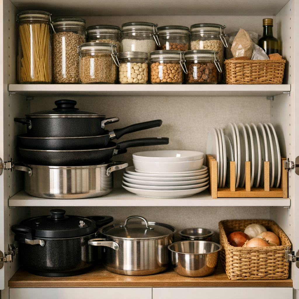 Como organizar armário de cozinha pequeno com panelas empilhadas, pratos organizados e mantimentos em potes de vidro